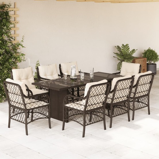 Ensemble à manger de jardin et coussins 9 pcs marron poly rotin