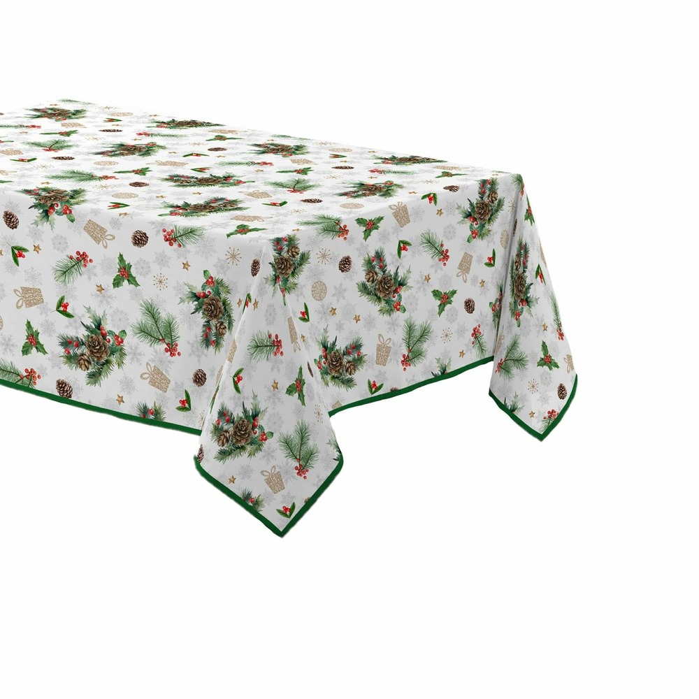 Nappe rectangulaire antitache et infroissable flore d'hiver - 150 x 240 cm - blanc et vert