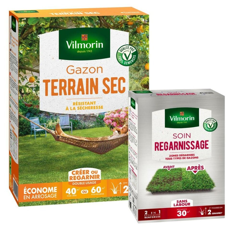 Gazon terrain sec - 1 kg + soin regarnissage universel 2 en 1 - 500 g