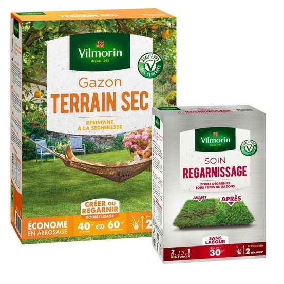 Gazon terrain sec - 1 kg + soin regarnissage universel 2 en 1 - 500 g
