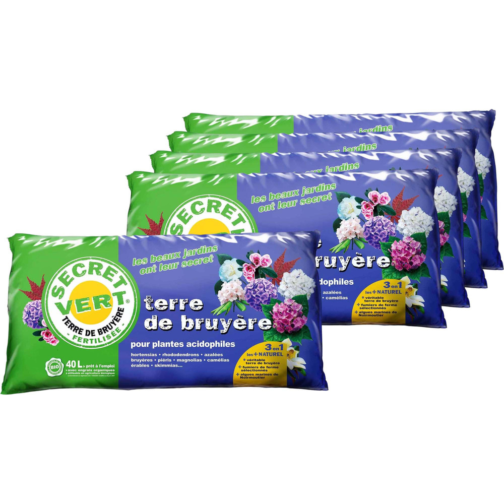 Terre de bruyère bio pour plantes acidophiles 40 litres lot de 5