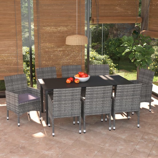 Ensemble à manger de jardin et coussins 9 pcs poly rotin gris