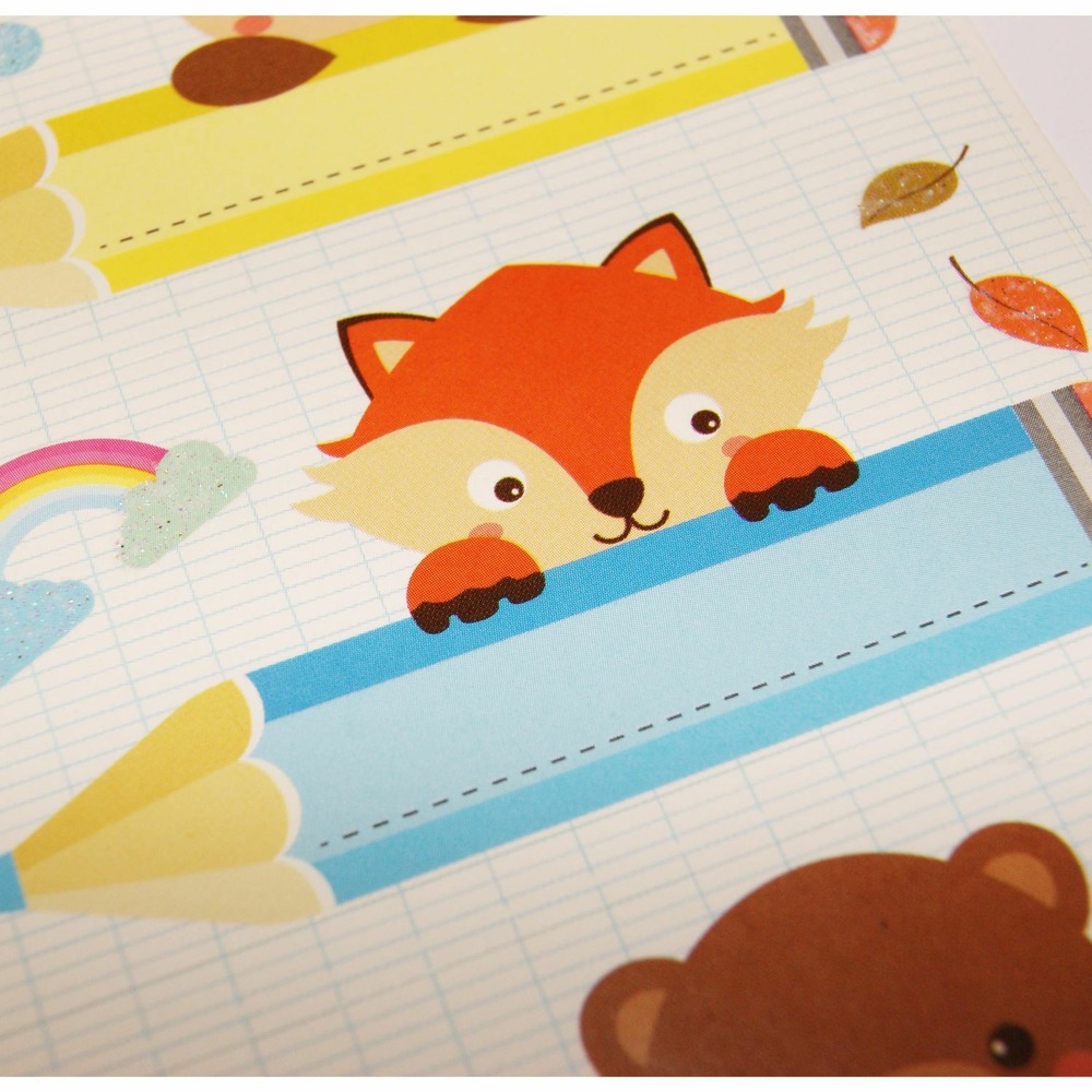 12 étiquettes adhésives scolaires - rectangle - animaux sur crayons - paillettes