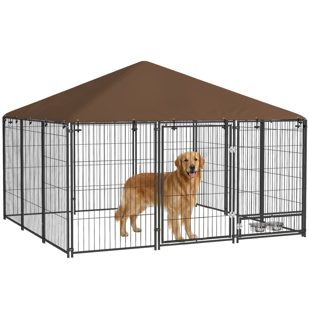 Enclos pour chien acier 211 x 211 x 151 cm noir et marron avec toit et gamelles pivotantes - comfortxl outdoor living