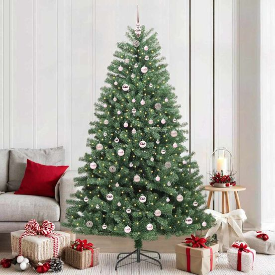 Sapin de noël artificiel 210 cm tout-en-un, avec guirlande led 8 modes et 121 décorations incluses