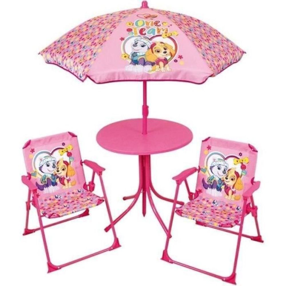 Salon de jardin pat'patrouille - 1 table 46xø46 cm, 2 chaises h.53xl.38,5xp.37,5cm et 1 parasol