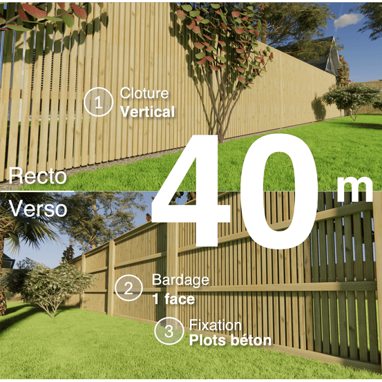 Kit clôture bois moderne 40m – h 1,9m – 45 x 45 mm autoclave – pose vertical – simple face – à sceller