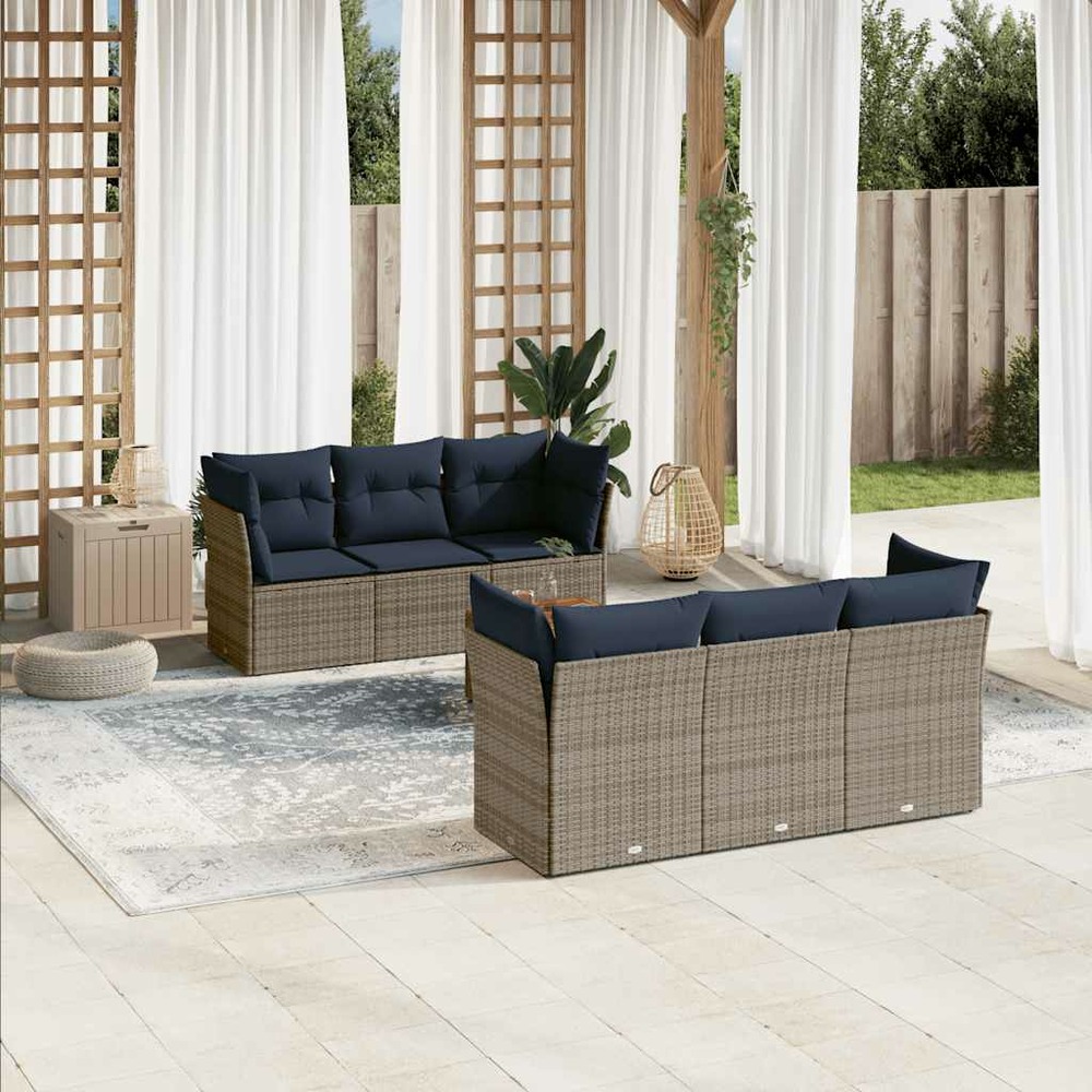 Salon de jardin 7 pcs avec coussins gris résine tressée