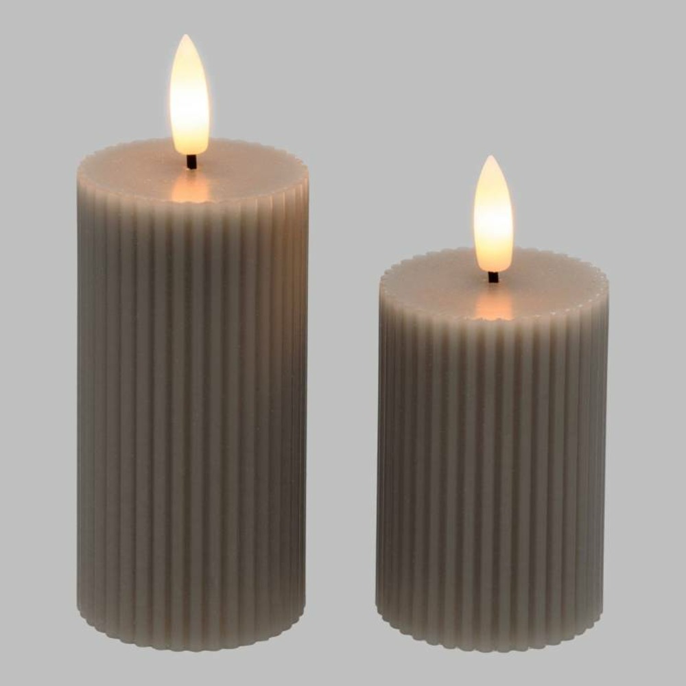 Lot de 2 bougies striées led cylindriques cire gris taupe flamme 3d on-off timer lotti