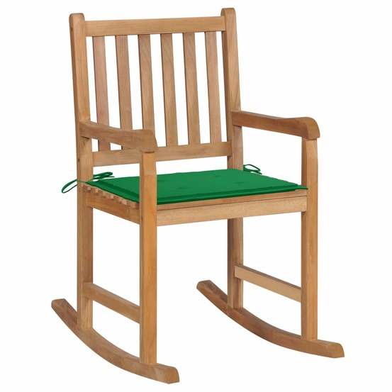 Chaise à bascule avec coussin vert bois de teck solide
