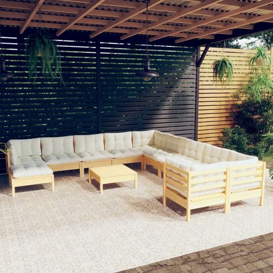 Salon de jardin 12 pcs avec coussins crème bois de pin