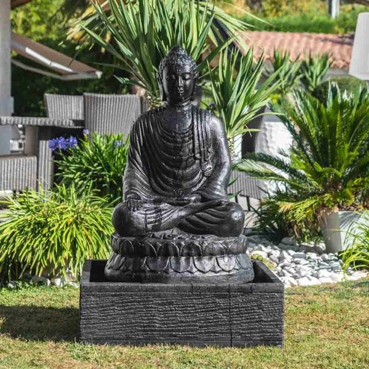 Fontaine de jardin bouddha assis 1 m 20 patiné noir