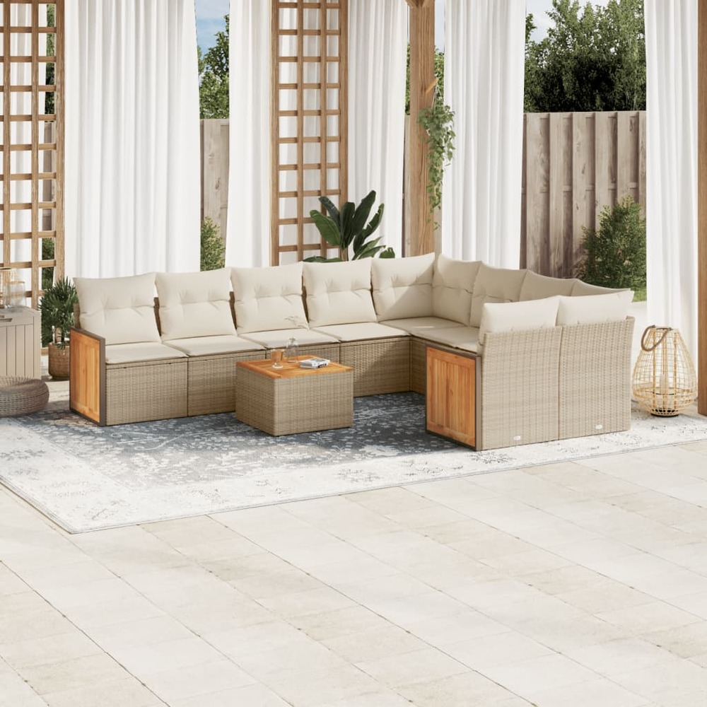 Salon de jardin avec coussins 10 pcs beige résine tressée