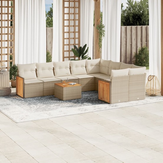 Salon de jardin avec coussins 10 pcs beige résine tressée