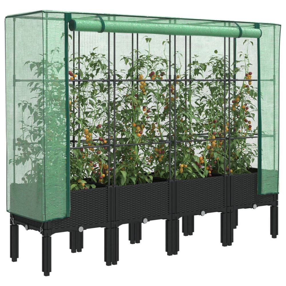 Très grande jardinière sur pieds 160cm avec serre de culture aspect rotin noir