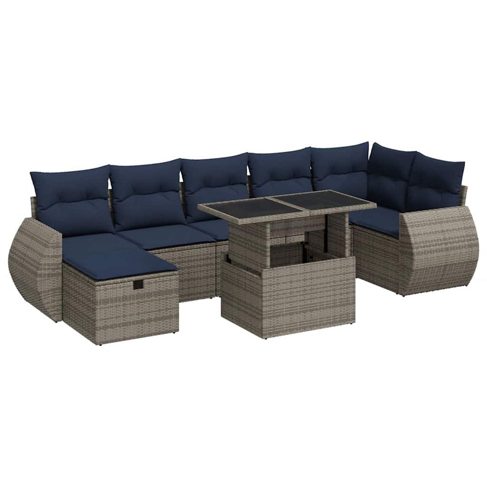 Salon de jardin 8pcs avec coussins gris résine tressée acacia