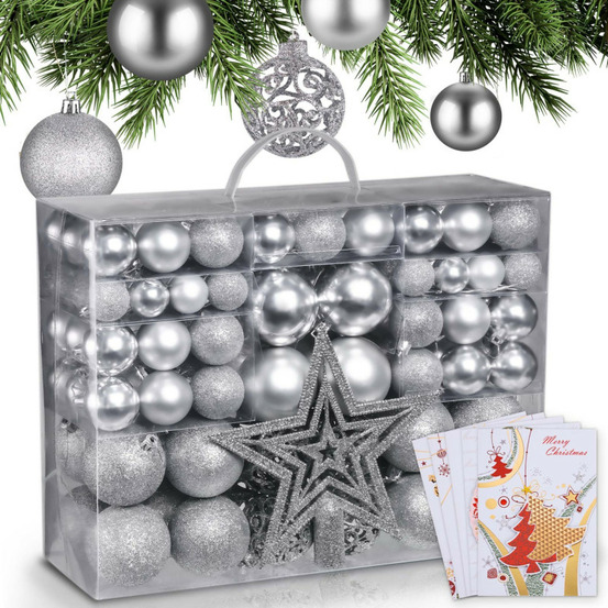 Boules de noël argentées décorations de sapin coffret de 128 pièces inclus ètoile de sapin-5 cartes