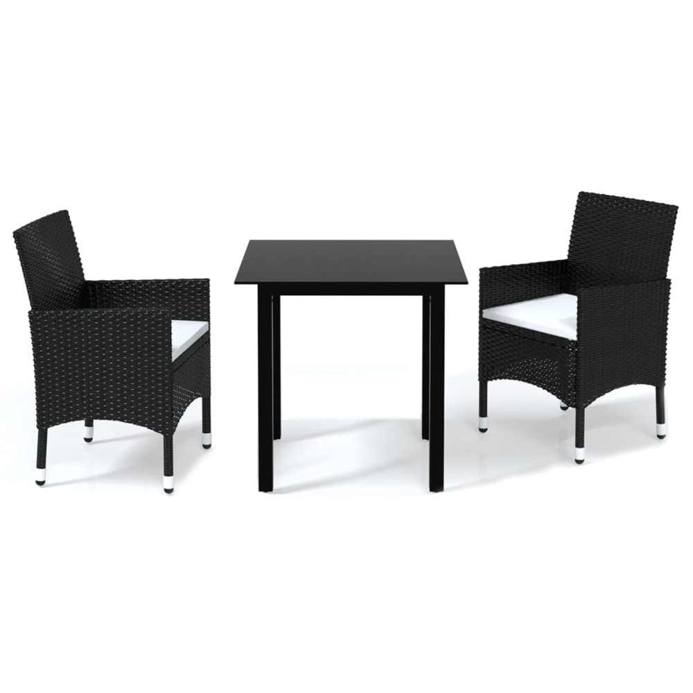 Ensemble à dîner de jardin avec coussins 3 pcs poly rotin noir