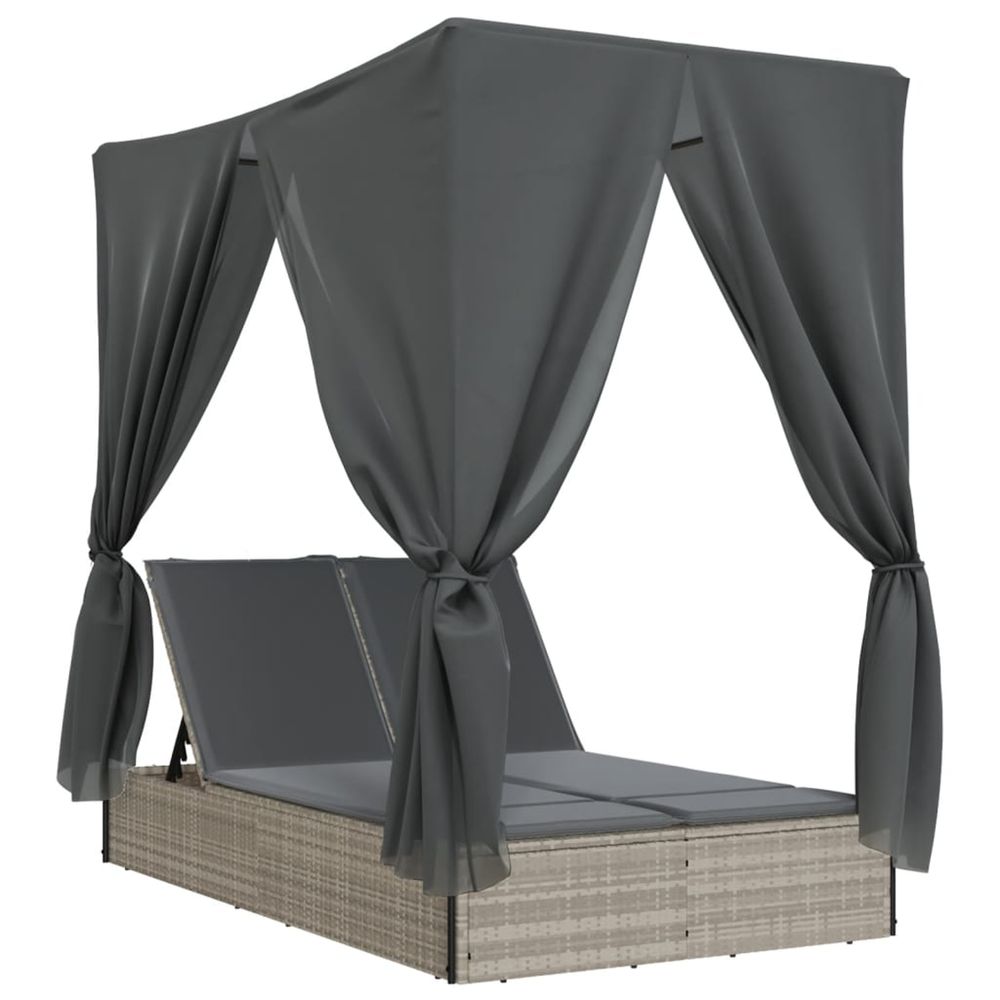 Chaise longue double avec toit et rideaux gris clair poly rotin bain de soleil