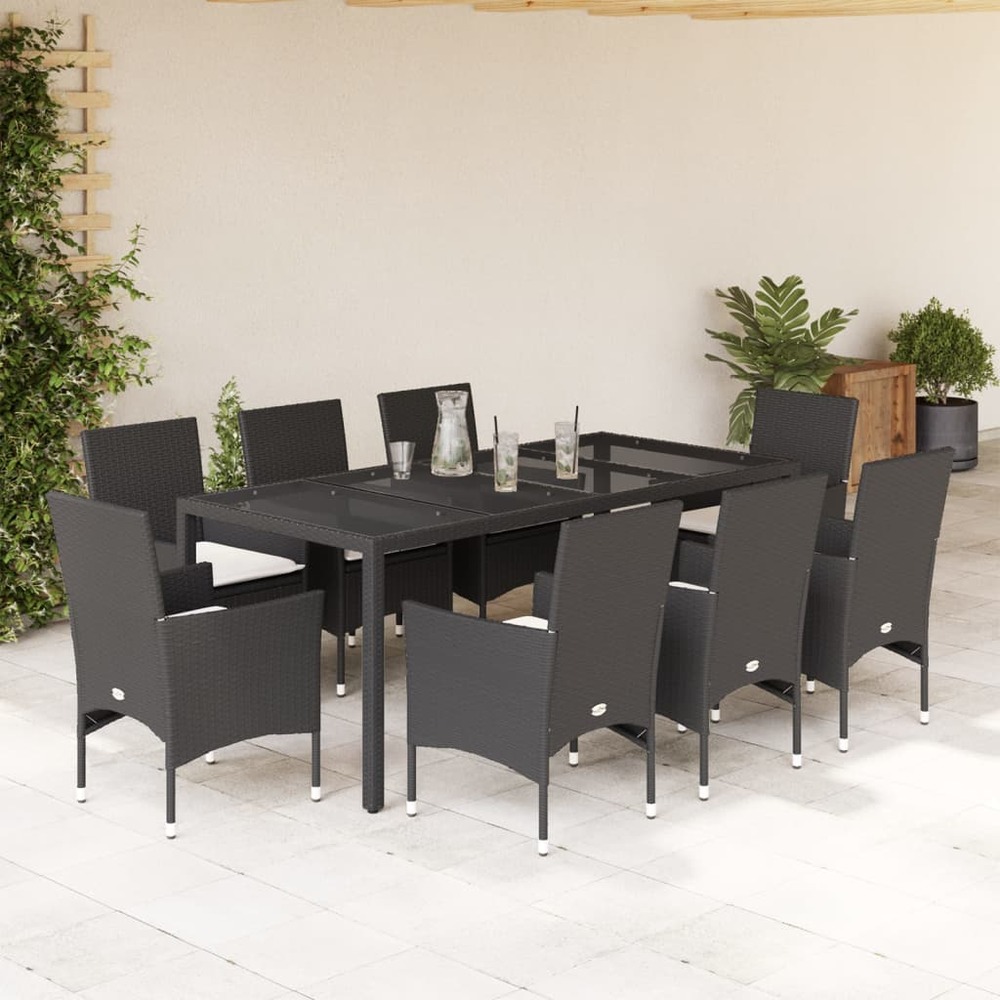 Ensemble à manger de jardin et coussins 9 pcs noir rotin verre
