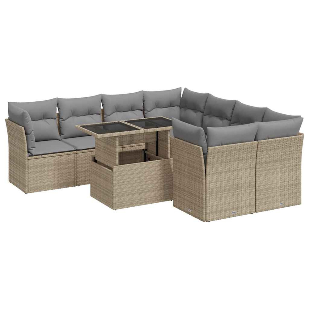 Salon de jardin avec coussins 9 pcs beige résine tressée