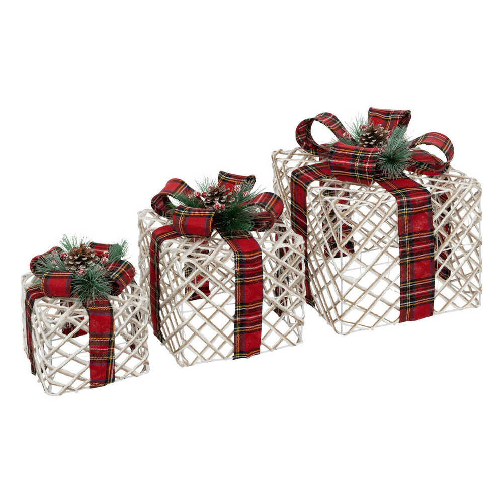 Déco de noël lumineuse lot de 3 paquets cadeaux blancs et ruban tartan