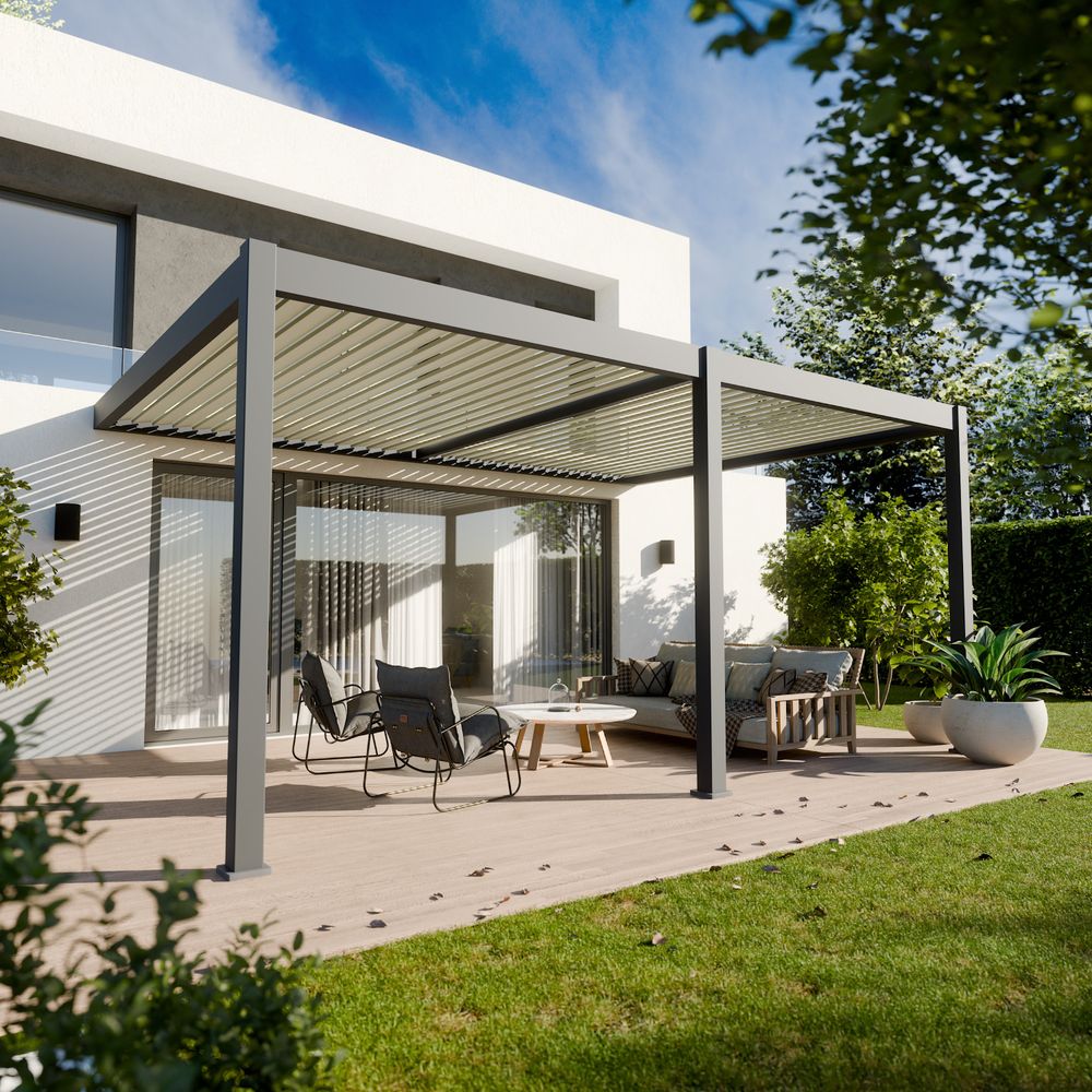 Pergola bioclimatique aluminium adossee 19 m² - 3,6 x 5,3m - gris - lames orientables de 0 à 120 degrés - elios