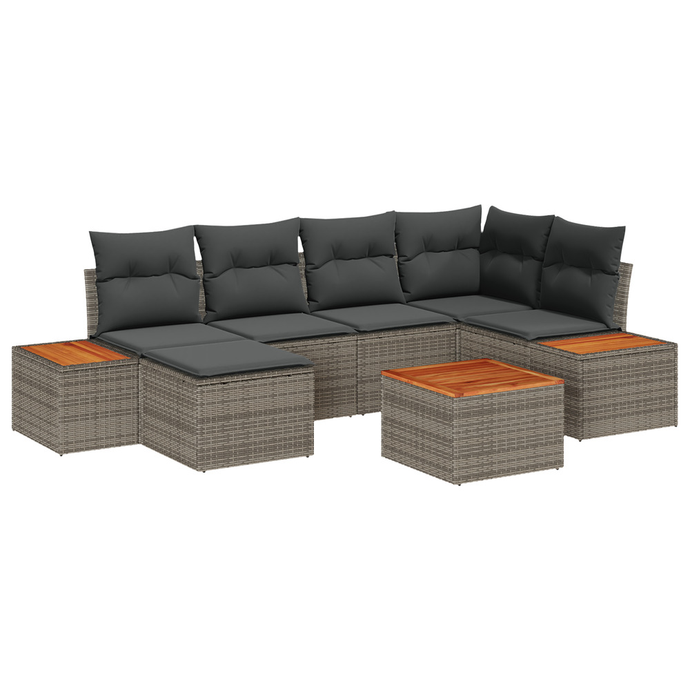 Ensemble de canapé de jardin 7 pièces avec coussins gris poly rotin acacia