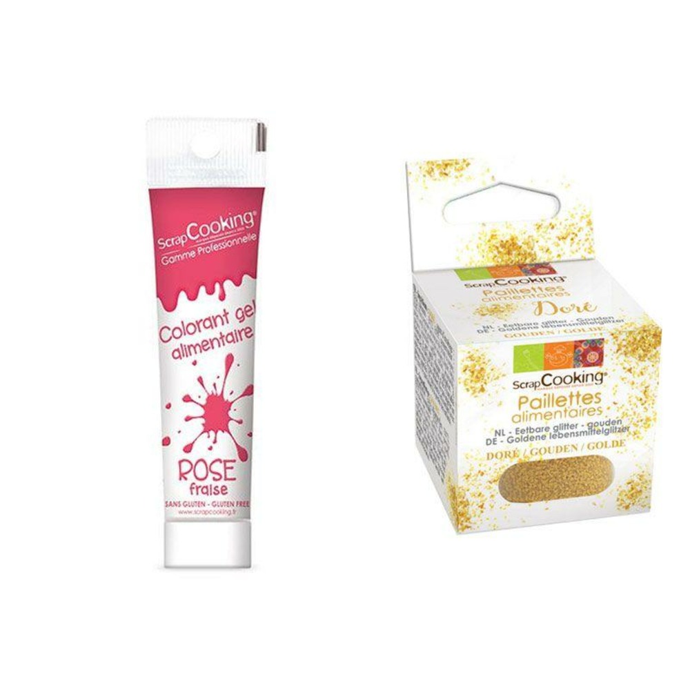 Colorant alimentaire en gel rose foncé + paillettes dorées