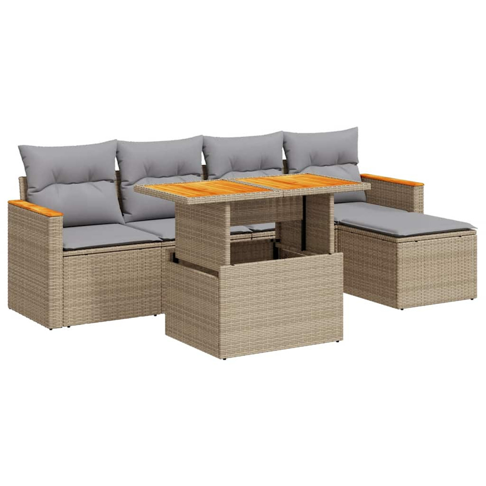 Salon de jardin 6 pcs avec coussins beige résine tressée acacia