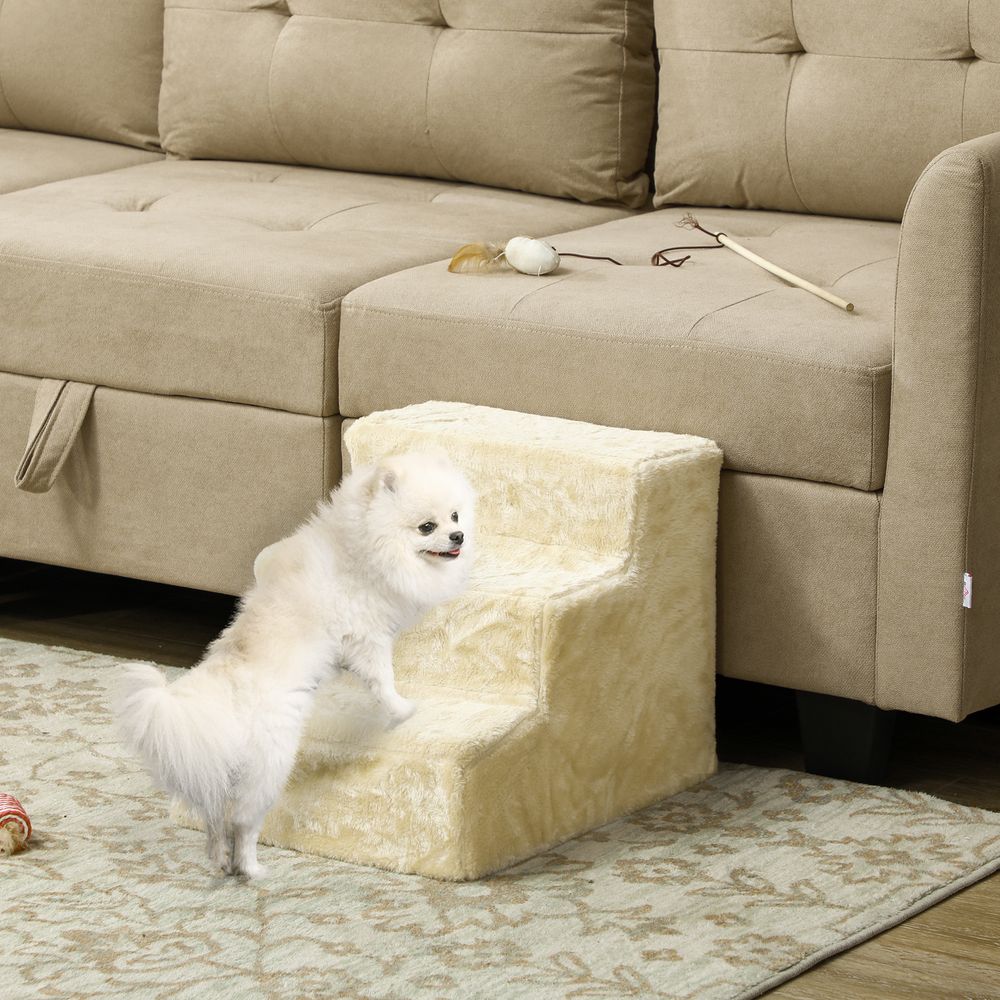 Escalier pour chien et chat 3 marches en panneaux de particules et flanelle beige 46 x 35 x 35 cm pour canapé