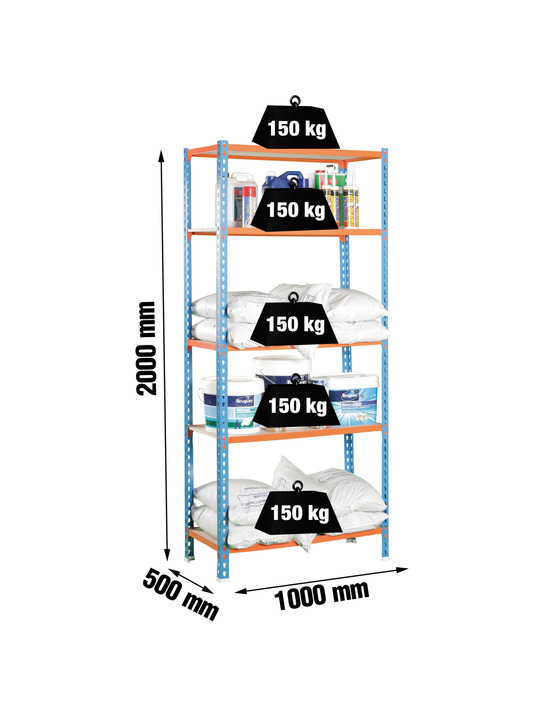 Etagère légère sans vis maderclick plus 5/500 bleu/orang/bois bleu/orange/bois 2000x1000x500 - simonrack