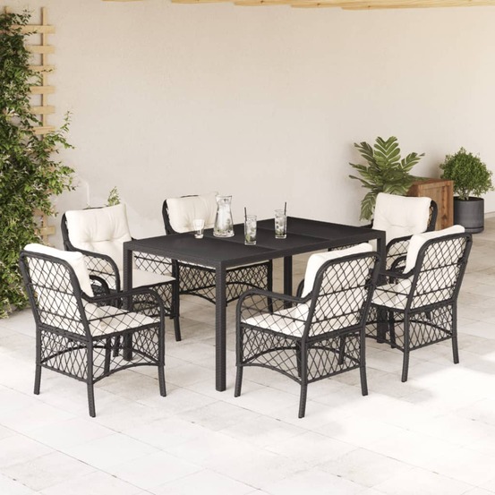 Ensemble à manger de jardin coussins 7pcs noir résine tressée