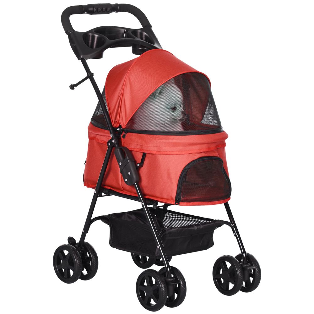 Poussette pliable acier pour chien chat panier rangement porte-gobelet rouge 67x45x96cm