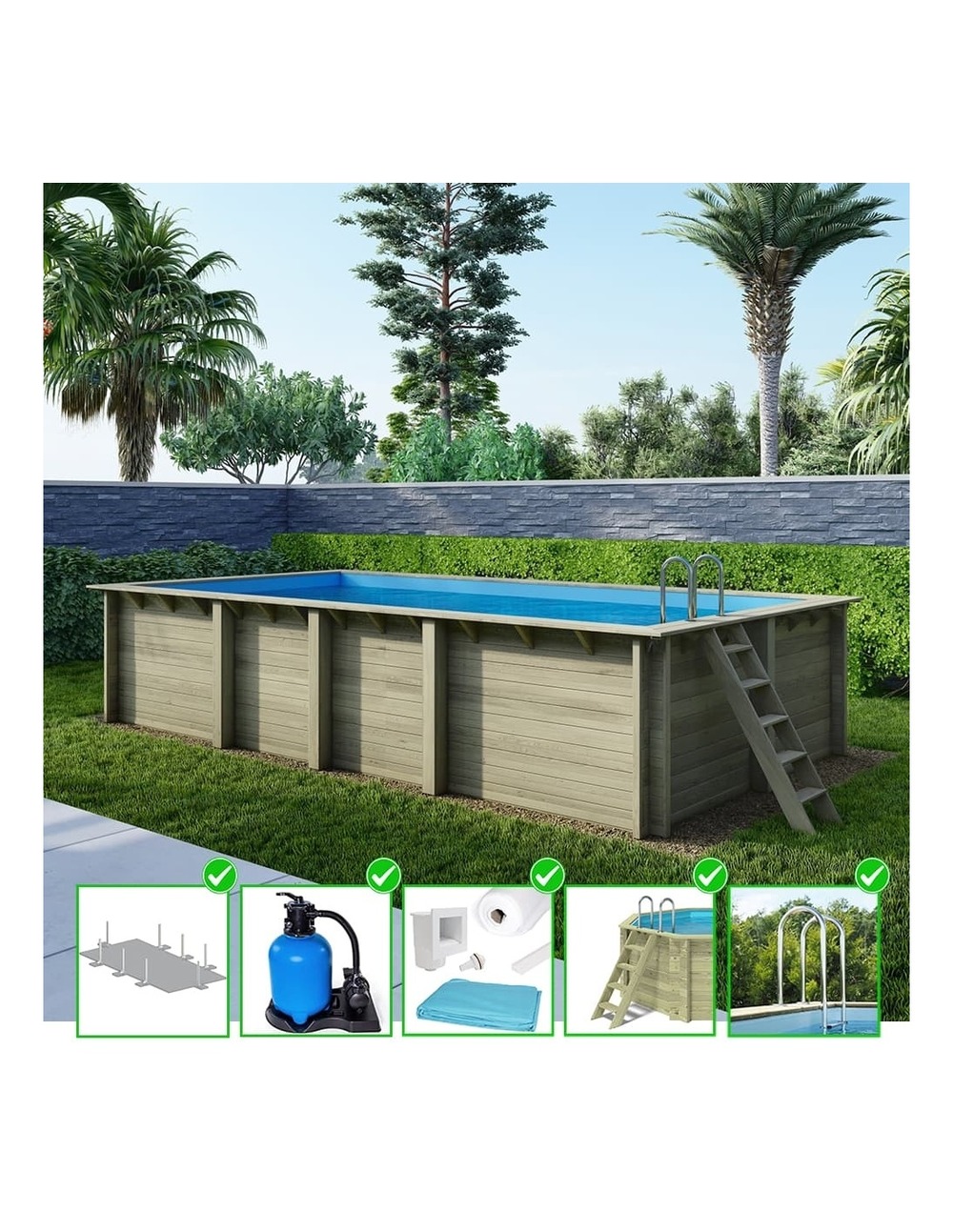 Piscine en bois aqua 7x3,75 - h.1,45 m fixations à visser - bas7308ospl - altanka