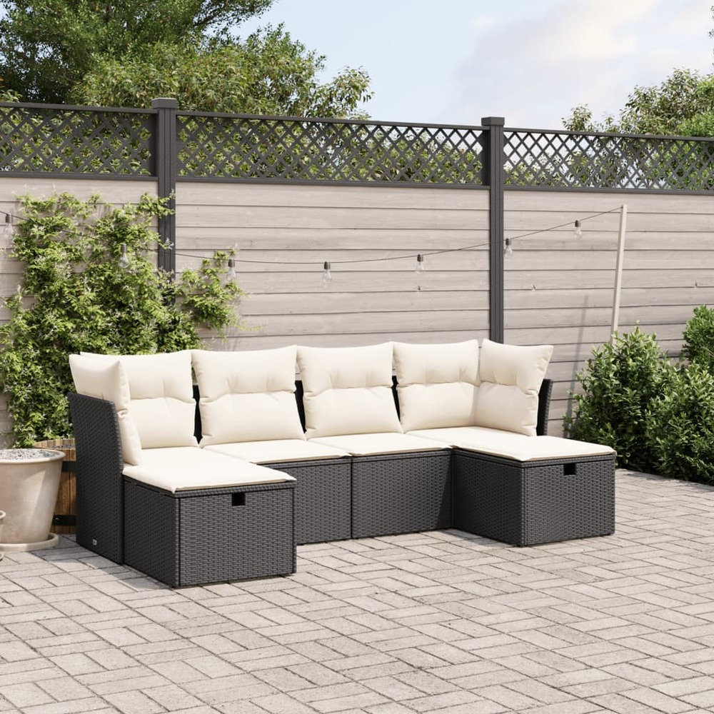 Salon de jardin 6 pcs avec coussins noir résine tressée