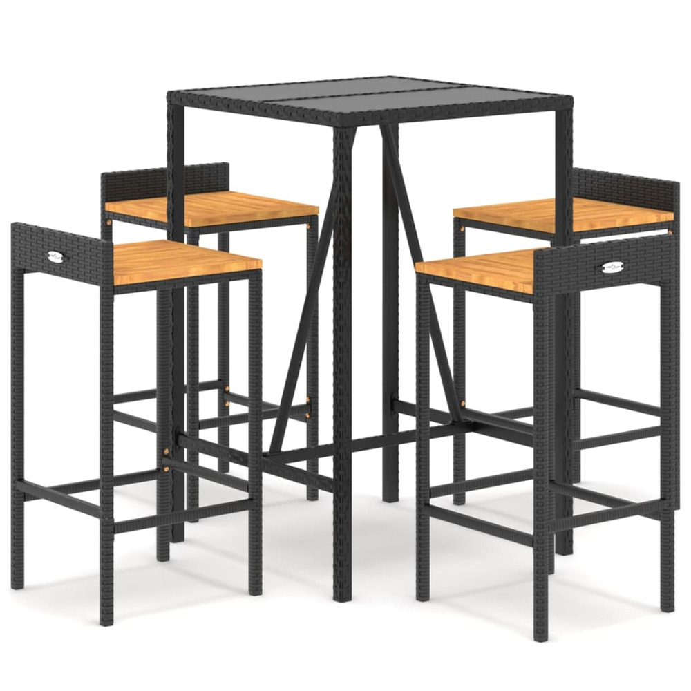 Ensemble de bar jardin 5 pcs noir poly rotin/bois massif acacia
