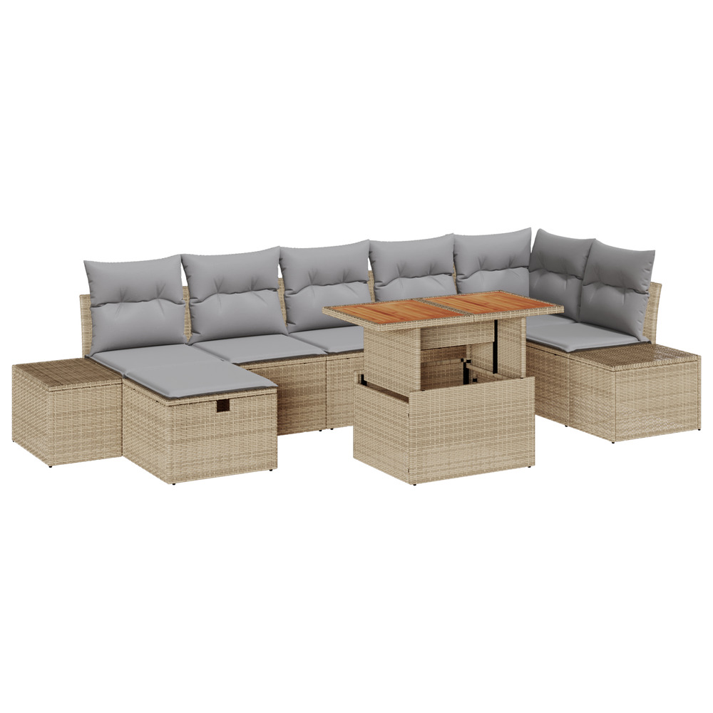 Ensemble de salle à manger de jardin de 8 pièces avec coussins beige rotin poly acacia