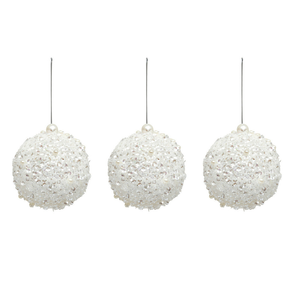 Déco de sapin lot de 3 boules de noël mélange de perles et sequins d 8 cm blanc