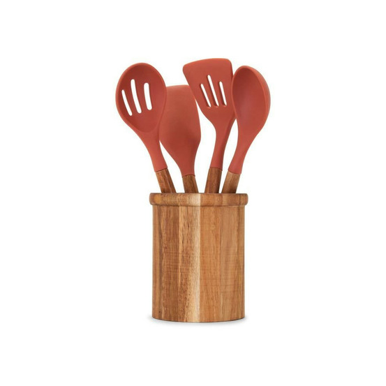 Set de 4 ustensiles - livoo - mes153 - pot et ustensiles acacia fsc - en silicone 31 cm - pot 15 x 12 cm
