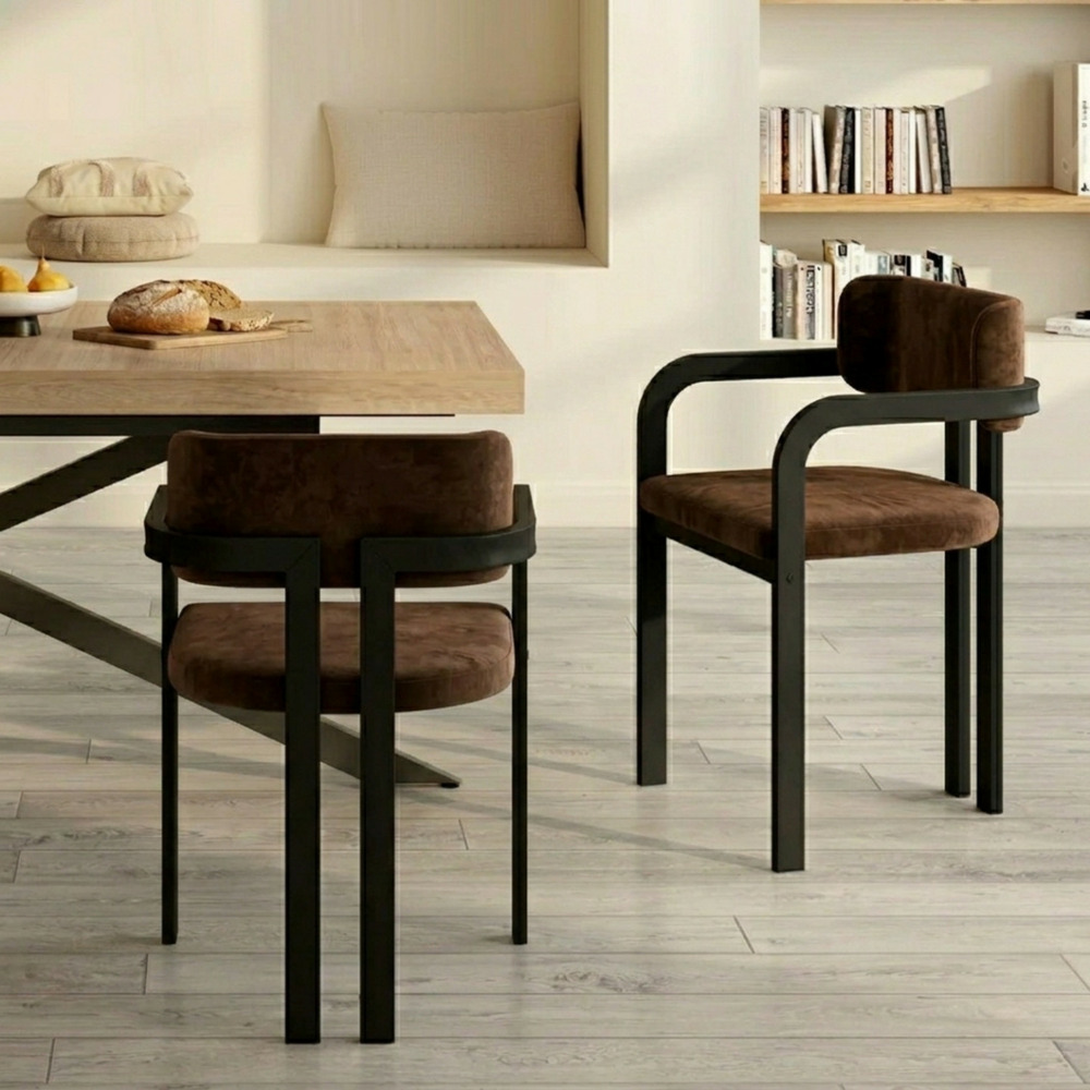 Lot de 2 chaises de salle à manger, fauteuils de table esma en métal noir et velours marron avec accoudoirs