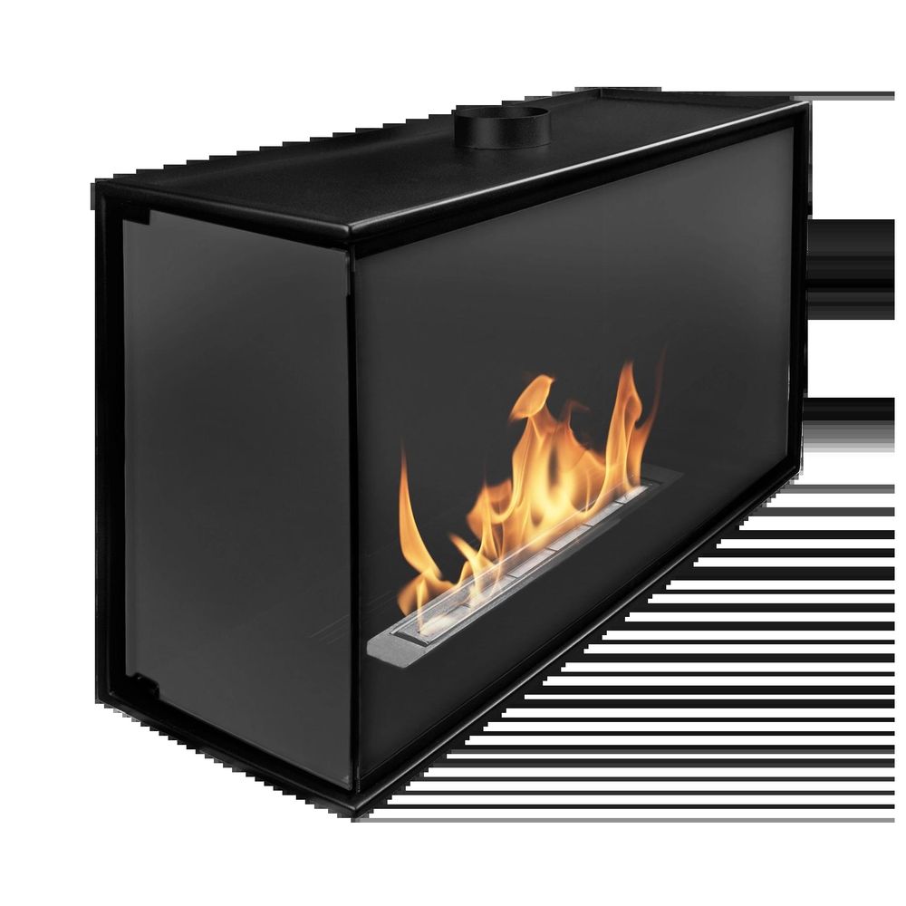 Cheminee bioethanol encastrable angle gauche 80 cm noir mat avec vitre