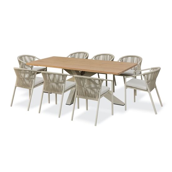 Ensemble table de jardin kelia (220x102 cm) en aluminum et plateau aspect bois et 8 fauteuils gambi - grege