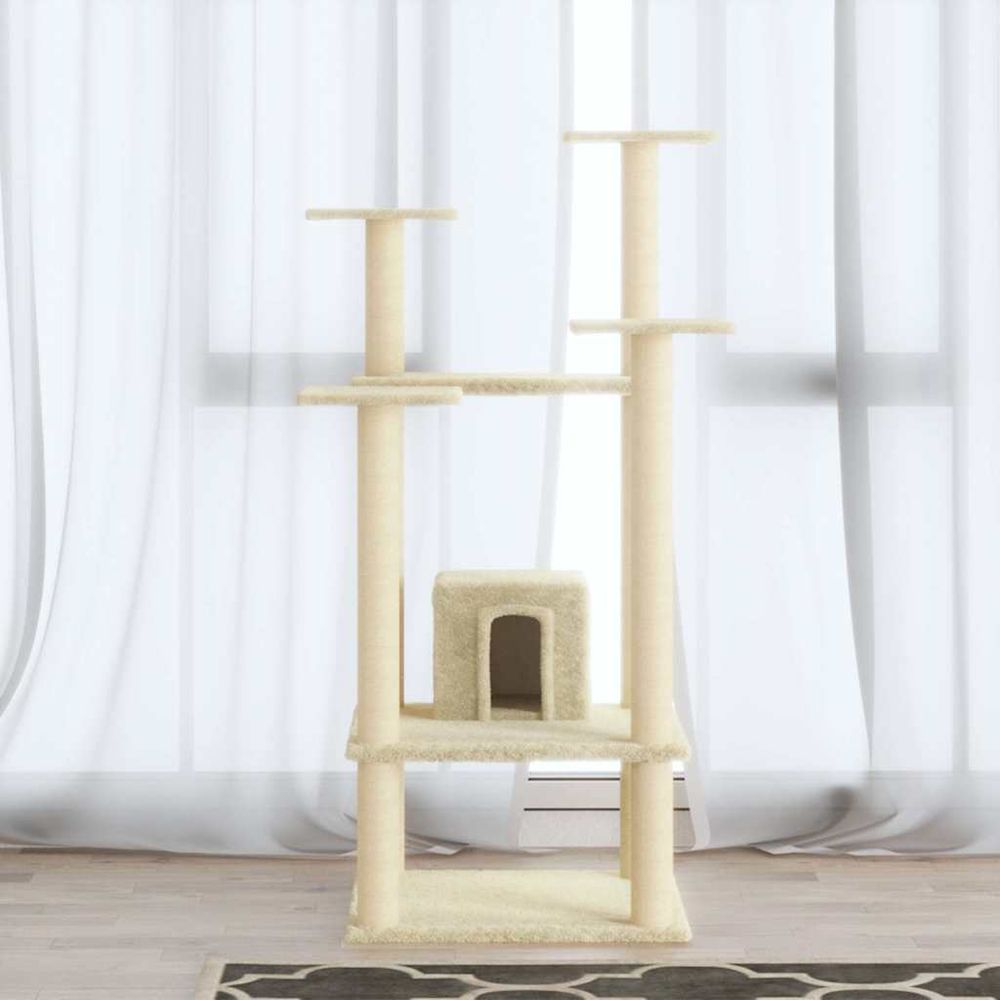Tour pour chat 110 cm avec griffoirs sisal et niche peluche crème