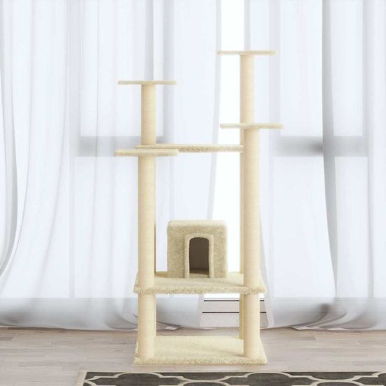 Tour pour chat 110 cm avec griffoirs sisal et niche peluche crème