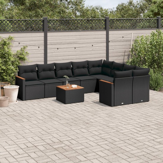 Salon de jardin 10 pcs avec coussins noir résine tressée