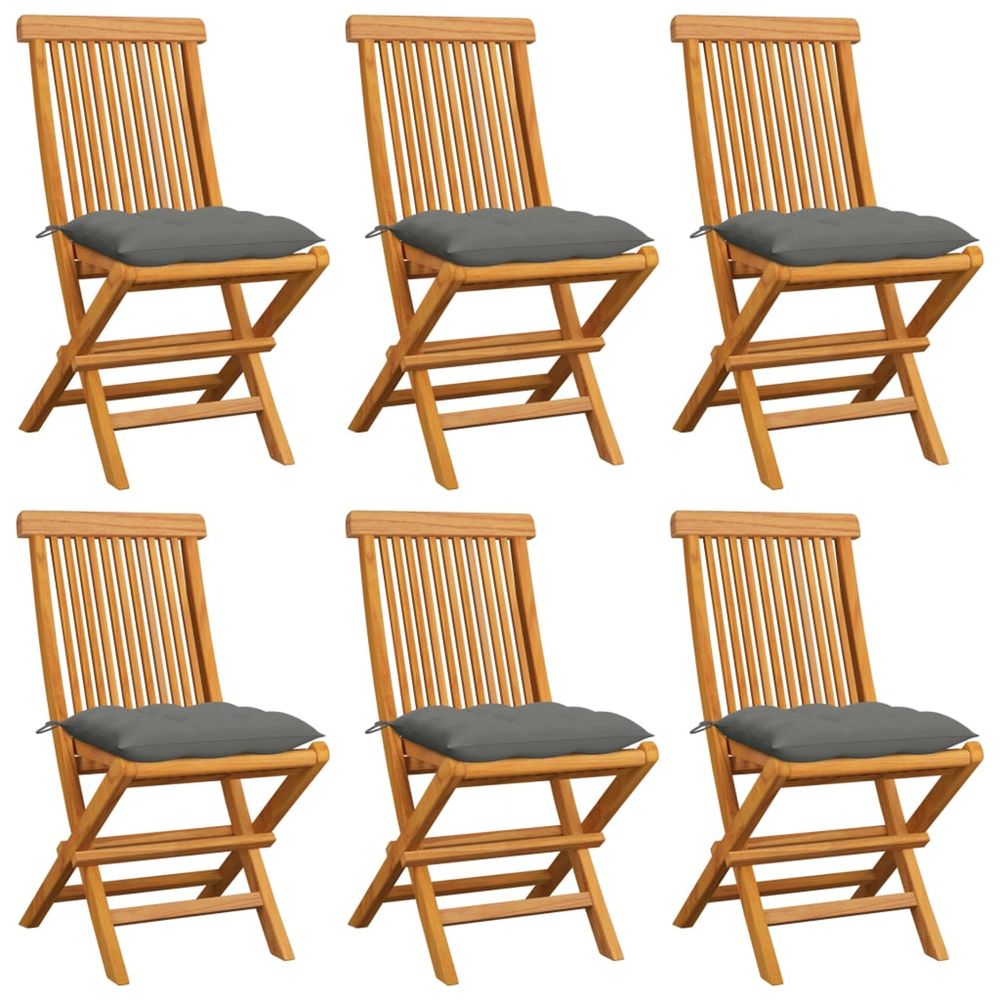 Chaises pliantes avec coussins gris, 6 pièces, en teck massif