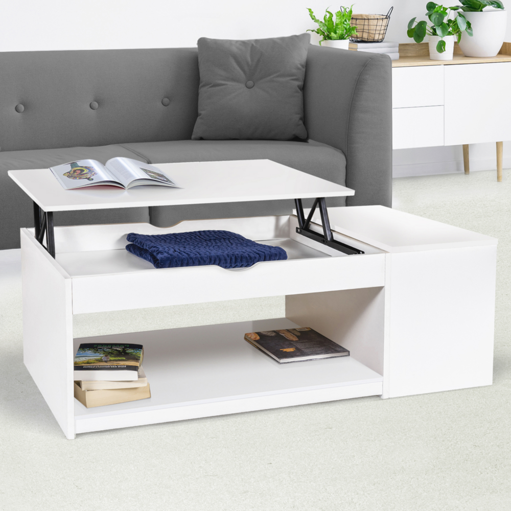 Table basse plateau relevable rectangulaire elea avec coffre bois blanc