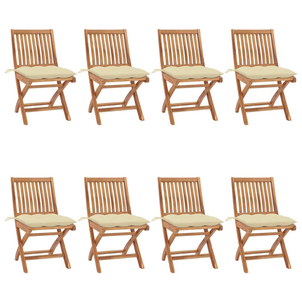 Chaises pliantes avec coussins, 8 pièces, en teck massif
