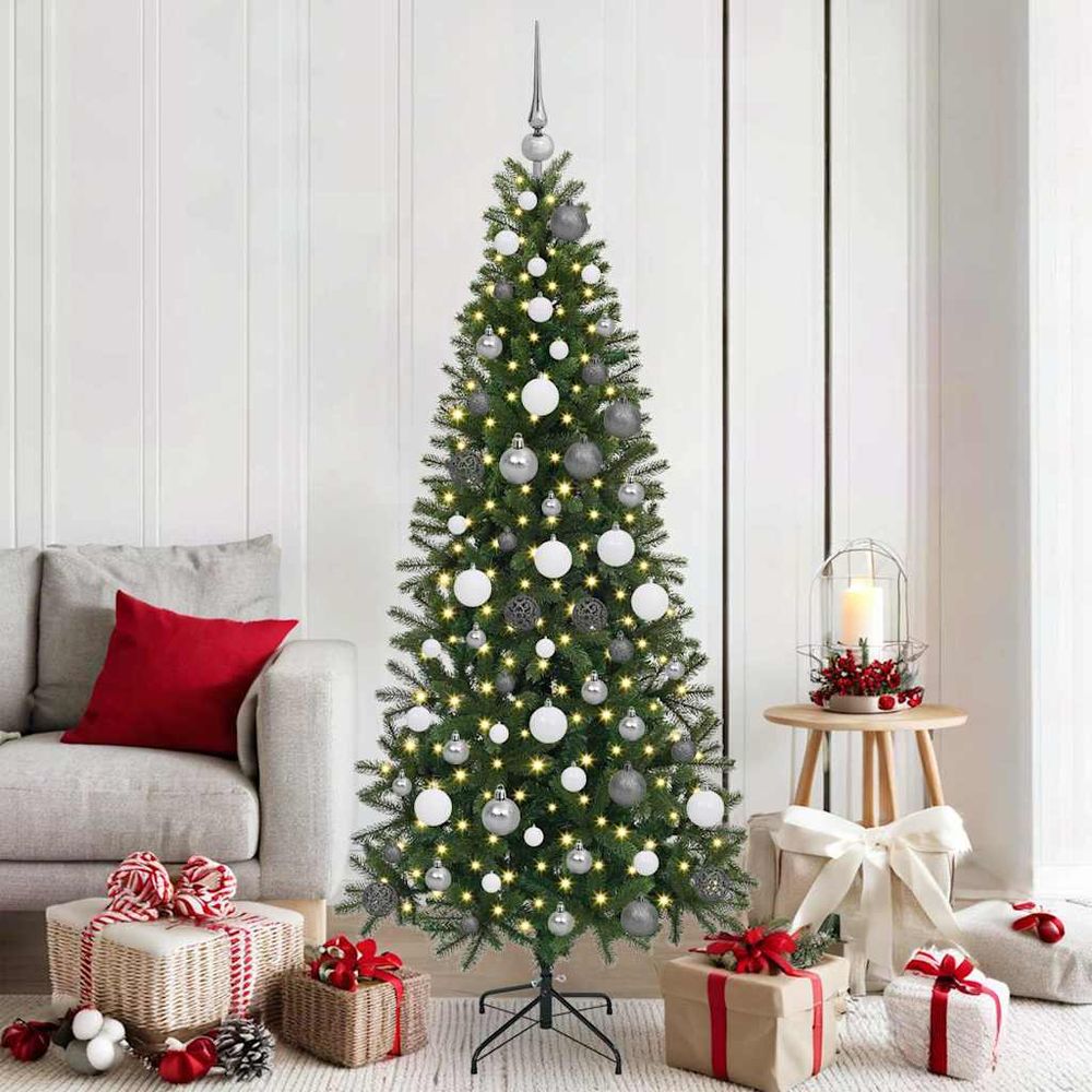 Sapin de noël décoré artificiel 180cm, vert, avec guirlande 300 led et 120 boules